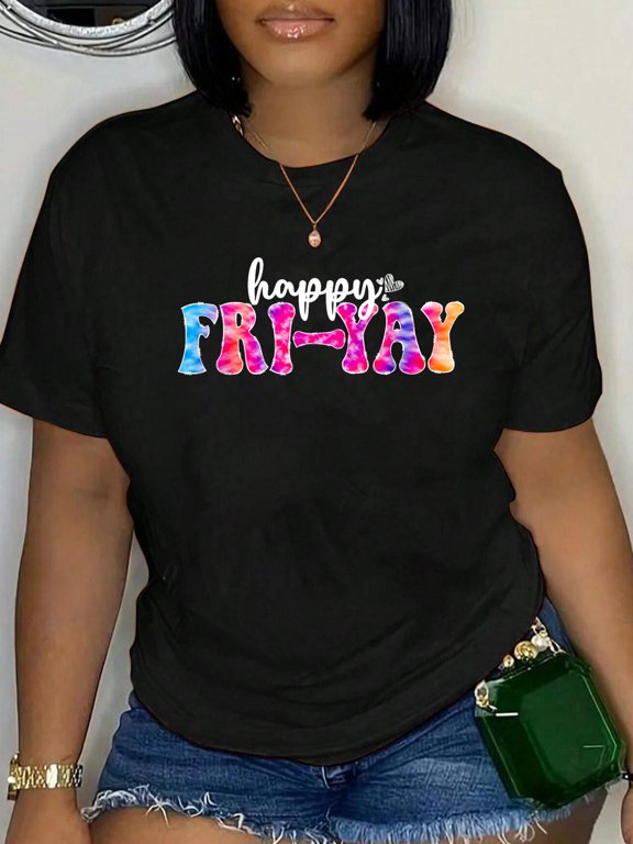 Fri-Yay! Tie Dye Funny Groovy Teachers Weekend Vacation Cute T-Shirt Women's Graphic Tee Casual Tops