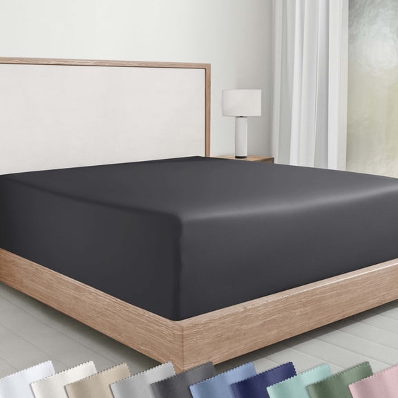 100% Cotton Full Fitted Sheet Only, Sateen, Deep Pocket, All-Around Elastic, Head/Foot Side Indicators - Dark Grey (Black Tone)