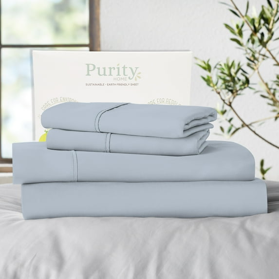 Purity Home Full Bed Sheet Set - 100% Cotton Percale, 400 Thread Count - Cool, Crisp, Breathable & Durable 4-Piece - Light Blue