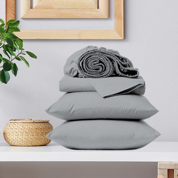 Color Sense 100% Cotton Full Sateen, Wrinkle Resistant, Quick Dry, Soft & Smooth 4-Piece Bedsheet Set Light Gray