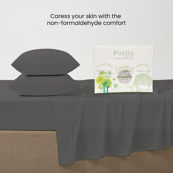 Purity Home 100% Cotton Full Sheet Set, 400 Thread Count Sateen Green Wrinkle-Resistant 4- Piece Set Charcoal Gray