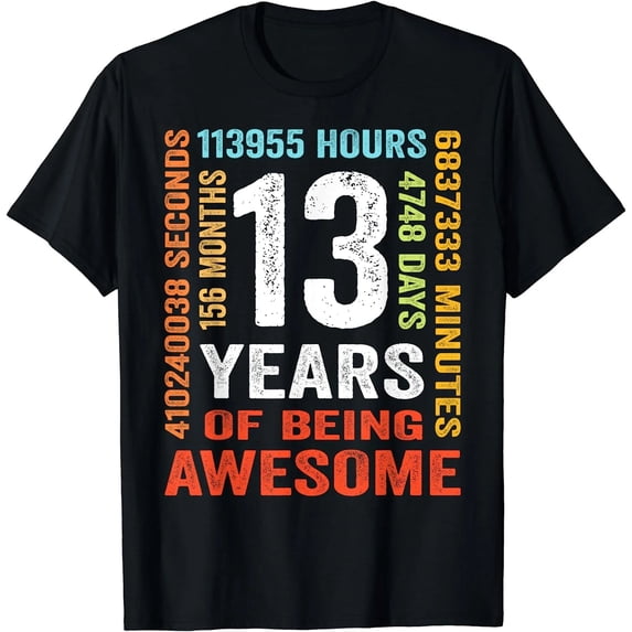 100% Cotton Funny 13th Birthday T-Shirt, Vintage Turning 13 Years Old Graphic Tee, 156 Months Birthday Gift Shirt, Casual Short Sleeve Unisex Top for Boys and Girls