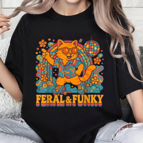 100% Cotton Funny Cat 70s Disco Dance Party Feral Cat Rollerskating Girl T-Shirt
