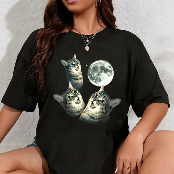 100% Cotton Funny Cat Shirt Three Cat Moon 3 Wolfs Cute Kitten Graphic T-Shirt
