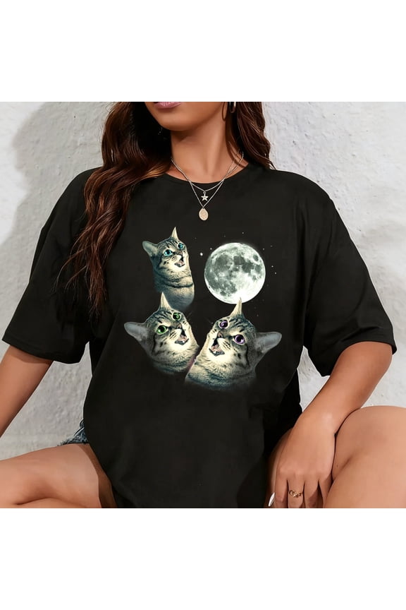 100% Cotton Funny Cat Shirt Three Cat Moon 3 Wolfs Cute Kitten Graphic T-Shirt