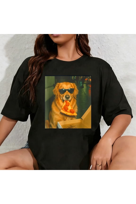 100% Cotton Funny Golden Retriever Dog Eating Pizza Meme Retro T-Shirt