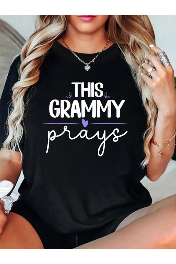 100% Cotton Funny Grandma Shirts Womens This Grammy Prays Christian Grandma T-Shirt Women's Graphic Tee Casual Tops