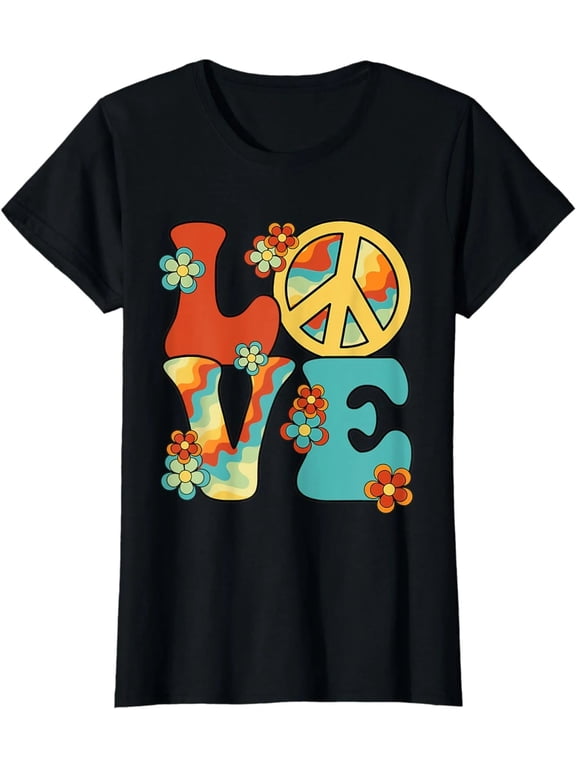 100% Cotton Funny Hippie Shirt Peace Love Graphic Tee for Women Men Retro 60s 70s Groovy Costume T Shirt Vintage Festival Party Outfit Short Sleeve Casual Wear Birthday Gift Idea Golf Gift T-Shirt