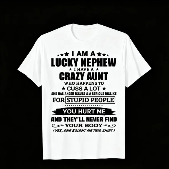 100% Cotton Funny "I'm a Lucky Nephew with a Crazy Aunt" Graphic T-Shirt - Black Retro Humorous Saying Tee for Men & Women, Soft Breathable Round Neck, Comfortable Golf Gift T-Shirt For Men and Women