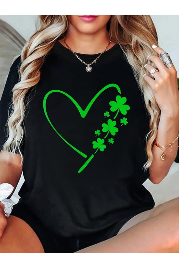 100% Cotton Funny Irish St Patricks Day Shamrock St Patricks Day Heart T-Shirt Print Round Neck Cotton T-Shirt, Summer Women's Tops, gift
