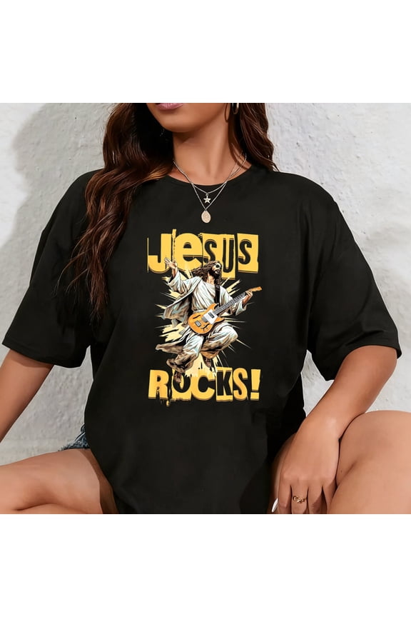 100% Cotton Funny Jesus Rocks! Guitar Playing Jesus Christ T-Shirt