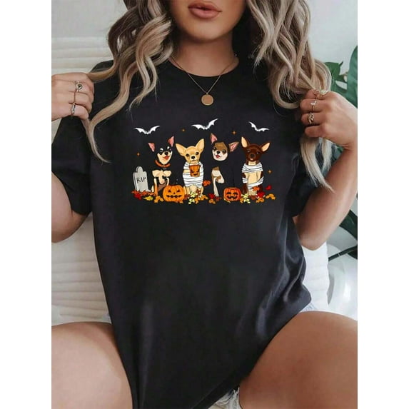 100% Cotton Funny Pumpkin Ghost Chihuahua Halloween Chihuahua Dog Mom T-Shirt For Men Women Graphic Tees Women