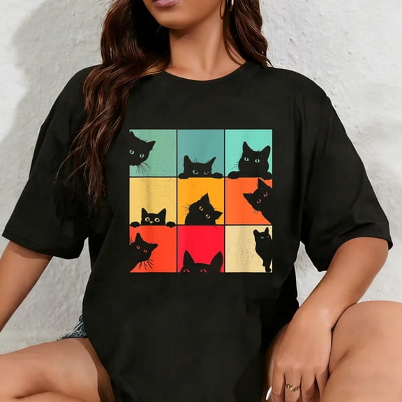 100% Cotton Funny Retro Vintage Curious Black Cat for Cats Lover T-Shirt