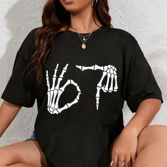 100% Cotton Funny Six Seven 6 7 Meme 67 Skeleton Hand Halloween Costume T-Shirt