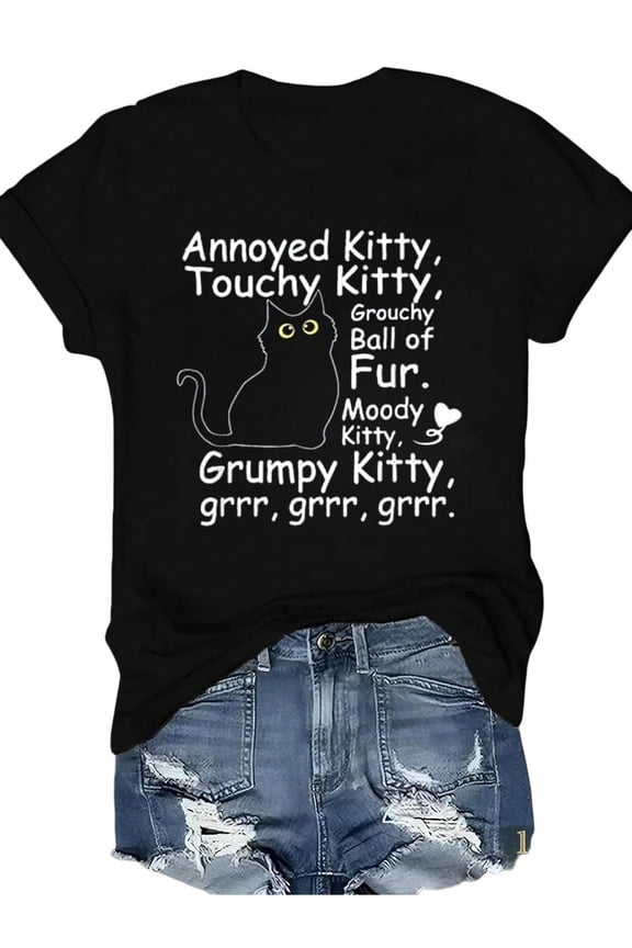 100% Cotton Funny T Shirts Funny Annoyed Kitty Touchy Kitty Grouchy Ball Of Fur Kitty T-Shirt, 100% Cotton, Gift For Men Women Dad Mom Friends, S-XXXL, Black