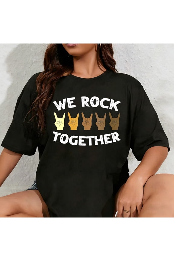 100% Cotton Funny We Rock Together Rocker Skeleton Hand T-Shirt