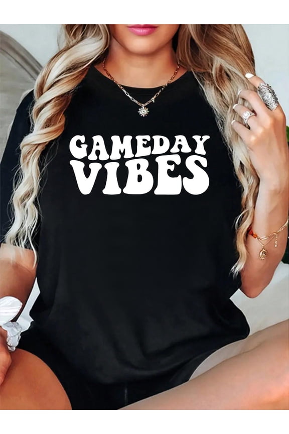 100% Cotton Gameday Vibes Fans Sport Team Fun Game Day Sports Lover Long Sleeve T-Shirt Print Round Neck Cotton T-Shirt, Summer Women's Tops, gift