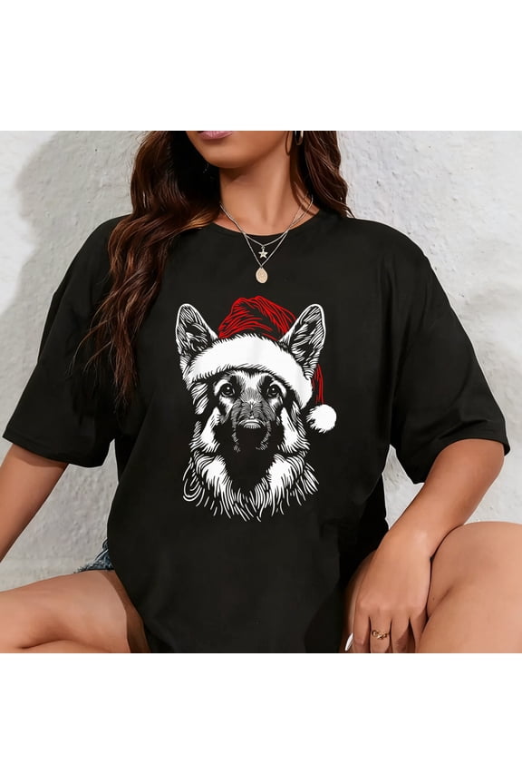 100% Cotton German Shepherd Santa Hat Christmas Xmas Pajama Women Mom T-Shirt