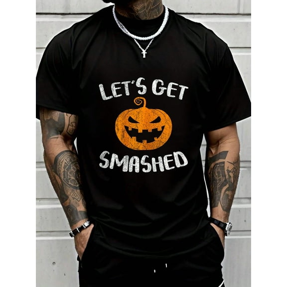 100% Cotton Let's Get Smashed Pumpkin Shirt Men Women Men Halloween Drinking T-Shirt Crew Neck Short Sleeve T-Shirt, Casual Print Graphic Cotton Tees Men Tops