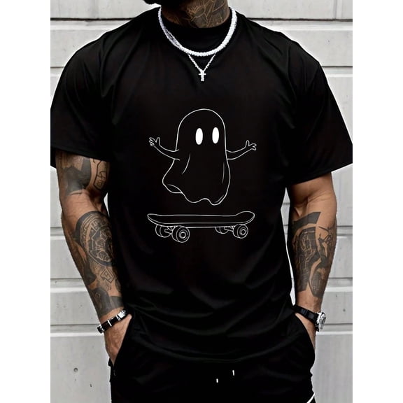 100% Cotton Ghost Skateboarding Halloween Fun Outline T-Shirt Summer Men For Top