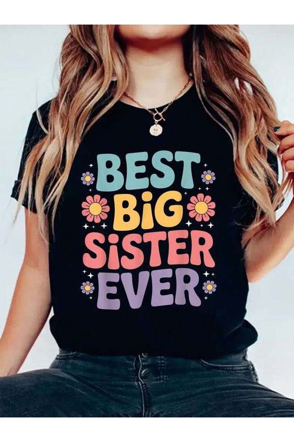 Girls Baby Announcements Cute Big Sister T-Shirt Women's Graphic Tee Casual Tops