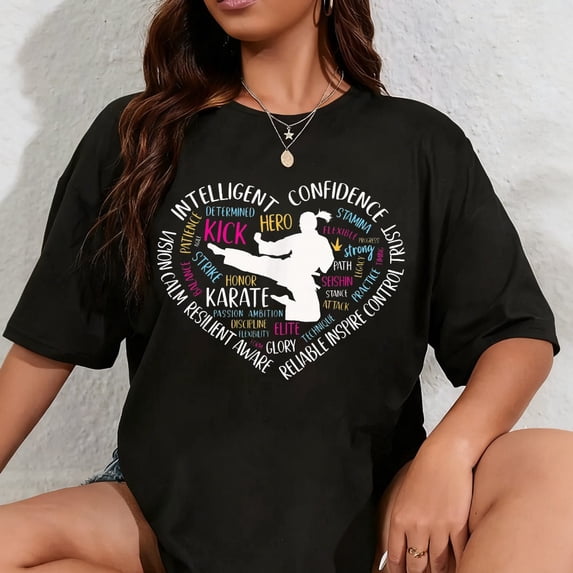 100% Cotton Girls Karate Heart for Teens Women Love Martial Arts Words T-Shirt