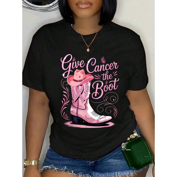 100% Cotton Give Breast Cancer The Boot Pink Ribbon Western Cowboy Boots T-Shirt Print Round Neck Cotton T-Shirt, Summer Women's Tops, gift