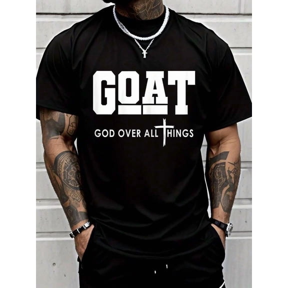 100% Cotton Goat God Over All Things Funny Jesus Christian Printed T-Shirt, Short-Sleeved Crew Neck Casual Top, Suitable For All Seasons, Men's Wear