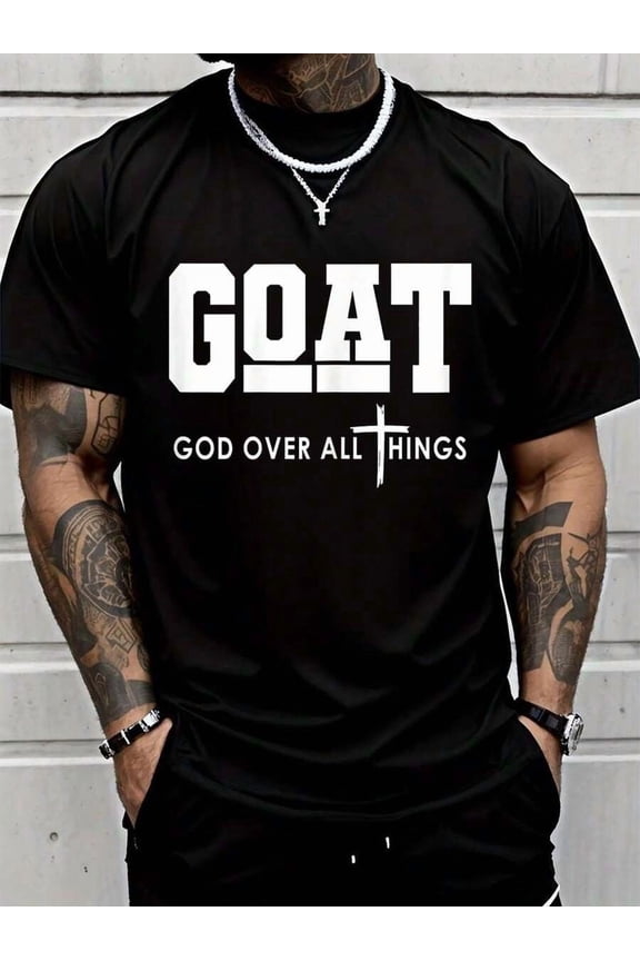 100% Cotton Goat God Over All Things Funny Jesus Christian Printed T-Shirt, Short-Sleeved Crew Neck Casual Top, Suitable For All Seasons, Men's Wear