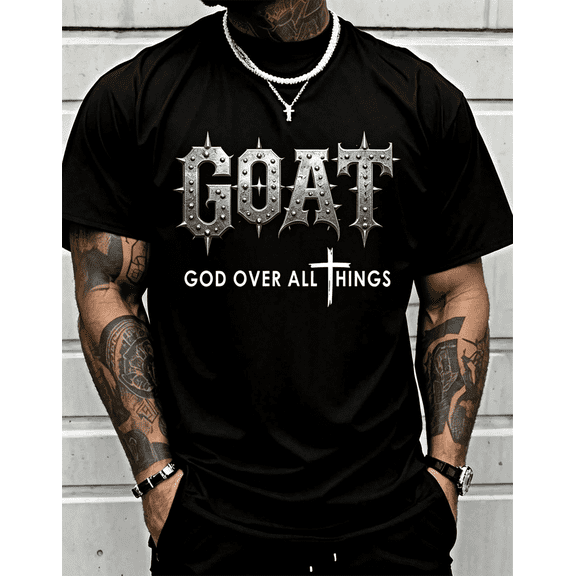100% Cotton Goat God Over All Things Funny Jesus Christian Printed T-Shirt, Short-Sleeved Crew Neck Casual Top, Suitable For All Seasons