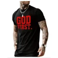 thumbnail image 1 of 100% Cotton God First T-Shirt, Casual Letter Graphic Print Tee, Long Fitted Design, Summer Wear, Moderate Fabric Thickness Golf Gift T-Shirt For Men and Women, 1 of 6