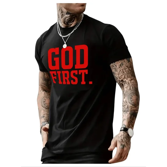 100% Cotton God First T-Shirt, Casual Letter Graphic Print Tee, Long Fitted Design, Summer Wear, Moderate Fabric Thickness Golf Gift T-Shirt For Men and Women