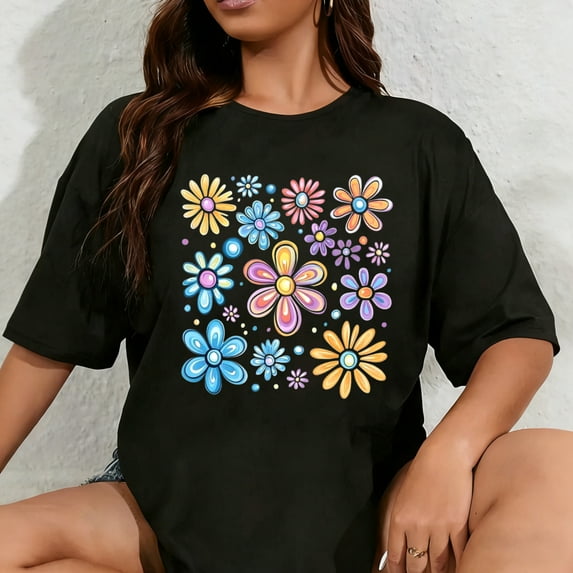 100% Cotton Graphic T Shirts for Women, Colored Floral Cotton Girls Tees Short Sleeve Crewneck Summer Gym Casual Tops