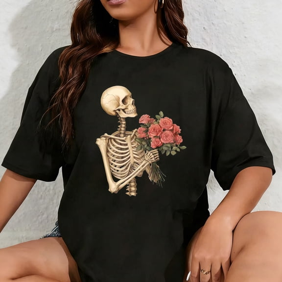 100% Cotton Graphic T Shirts for Women, Flowers Roses Skull Cotton Girls Tees Short Sleeve Crewneck Summer Gym Casual Tops