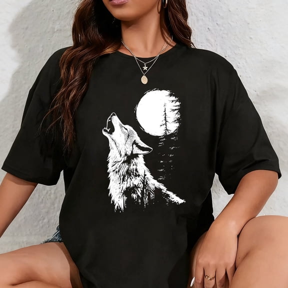 100% Cotton Graphic Tee Wolf Howling Moon Forest Nature Wildlife Animal T-Shirt