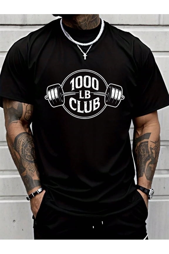 100% Cotton Graphic Tees 1000 LB Pound Club Strong Gym Weightlifting And Powerlifting T-Shirt Print Crew Neck Casual T-Shirt Short Sleeve Sports Top, Smart Casual/Street Style Men's Clothing