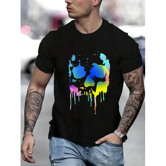 100 Cotton Graphic Tees Colorful Melting Skull Art Graphic Halloween Tee Gift T-Shirt Crew Neck Short Sleeve T-Shirt, Casual Print Graphic Cotton Tees Men Tops