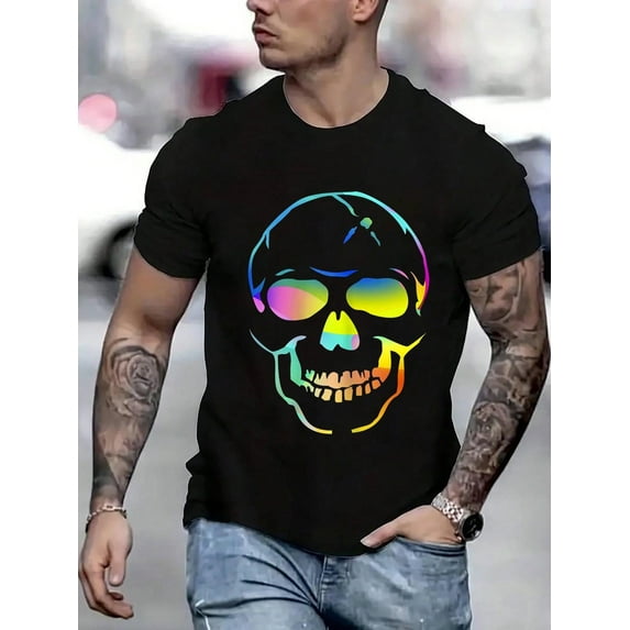 100 Cotton Graphic Tees Colorful Melting Skull Art Graphic Halloween Tee T-Shirt Crew Neck Short Sleeve T-Shirt, Casual Print Graphic Cotton Tees Men Tops