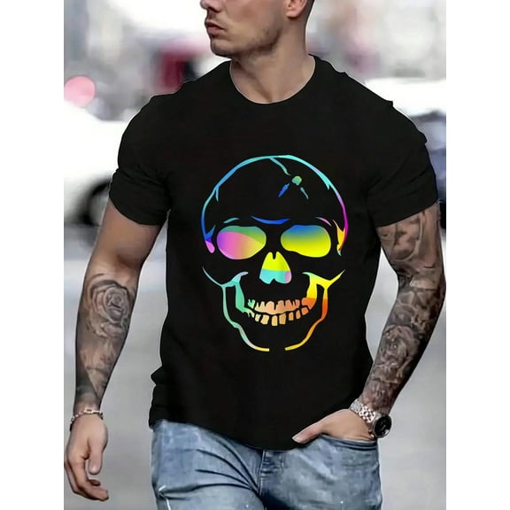 100 Cotton Graphic Tees Colorful Melting Skull Art Graphic Halloween Tee T-Shirt Crew Neck Short Sleeve T-Shirt, Casual Print Graphic Cotton Tees Men Tops