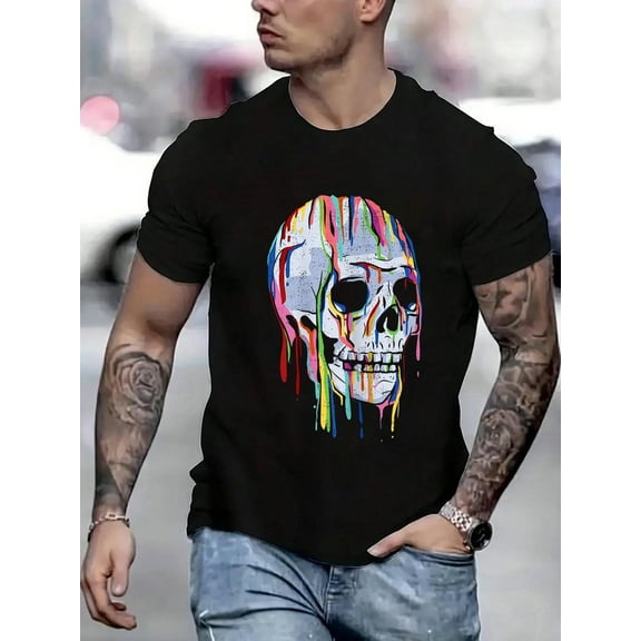 100 Cotton Graphic Tees Colorful Melting Skull Graphic Gift Design Idea T-Shirt Crew Neck Short Sleeve T-Shirt, Casual Print Graphic Cotton Tees Men Tops