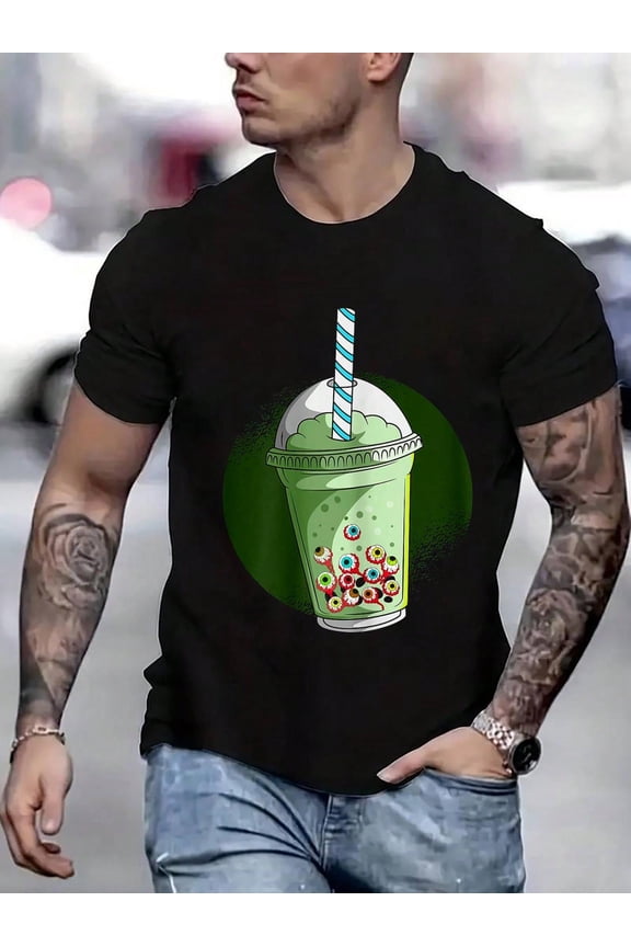 100 Cotton Graphic Tees Creepy Boba Tea Eye Balls Bubble Tea Lovers Halloween T-Shirt Crew Neck Short Sleeve T-Shirt, Casual Print Graphic Cotton Tees Men Tops