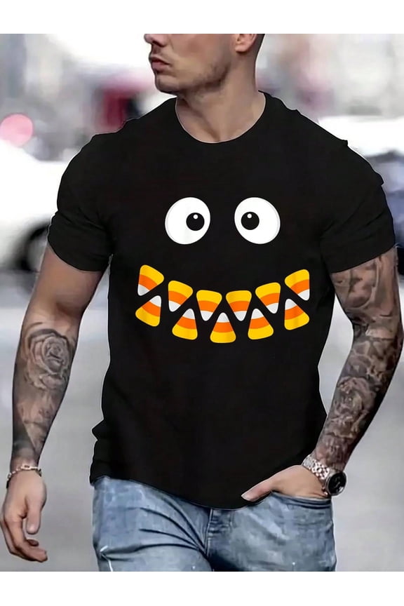 100 Cotton Graphic Tees Cute Candy Corn Face For Halloween Costume T-Shirt Crew Neck Short Sleeve T-Shirt, Casual Print Graphic Cotton Tees Men Tops