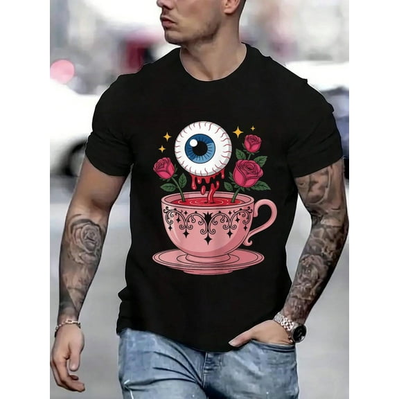 100 Cotton Graphic Tees Eyeball Teacup Pastel Goth Halloween T-Shirt Crew Neck Short Sleeve T-Shirt, Casual Print Graphic Cotton Tees Men Tops