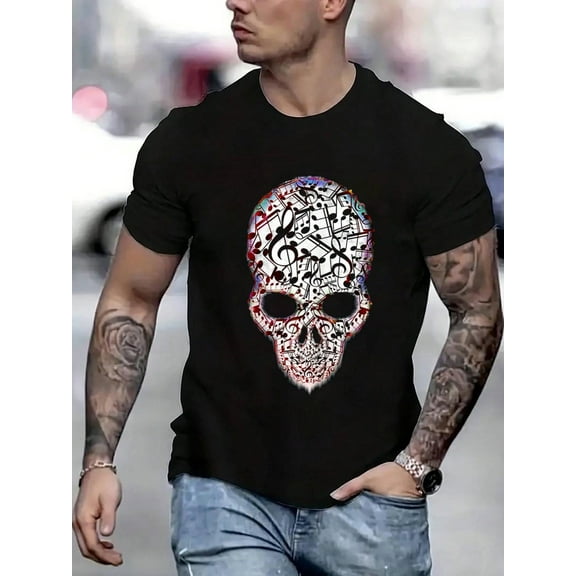 100 Cotton Graphic Tees Ghost Note Skull T-Shirt Crew Neck Short Sleeve T-Shirt, Casual Print Graphic Cotton Tees Men Tops