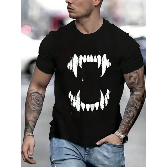 100 Cotton Graphic Tees Halloween Horror Wolf Dog Teeth Costume T-Shirt Crew Neck Short Sleeve T-Shirt, Casual Print Graphic Cotton Tees Men Tops