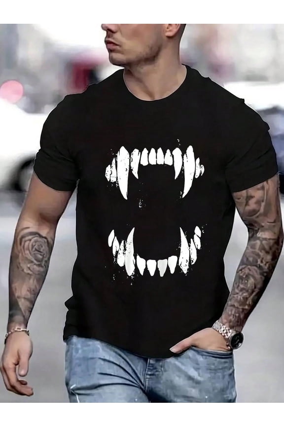 100 Cotton Graphic Tees Halloween Horror Wolf Dog Teeth Costume T-Shirt Crew Neck Short Sleeve T-Shirt, Casual Print Graphic Cotton Tees Men Tops