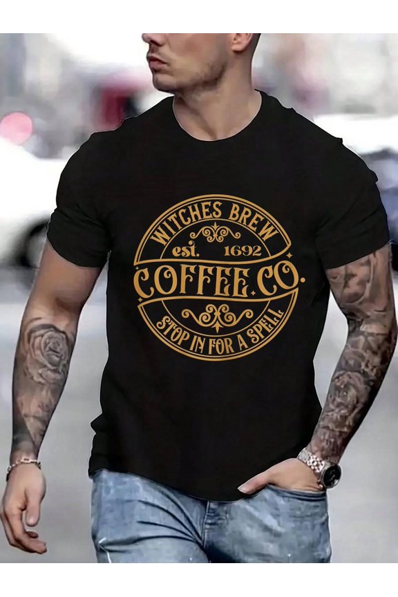 100 Cotton Graphic Tees Halloween Tee Witches Brew Coffee Stop In For A Spell T-Shirt Crew Neck Short Sleeve T-Shirt, Casual Print Graphic Cotton Tees Men Tops
