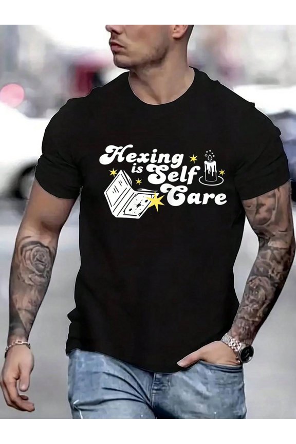 100 Cotton Graphic Tees Hexing Is Self Care Witches Halloween Apparel T-Shirt Crew Neck Short Sleeve T-Shirt, Casual Print Graphic Cotton Tees Men Tops