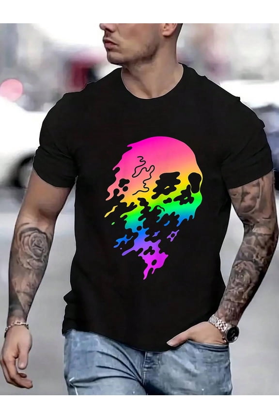 100 Cotton Graphic Tees Melting Skull Fun Design T-Shirt Crew Neck Short Sleeve T-Shirt, Casual Print Graphic Cotton Tees Men Tops