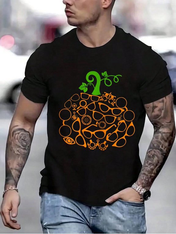 100 Cotton Graphic Tees Optometry Tools Pumpkin Shape Pumpkin Glasses Halloween T-Shirt Crew Neck Short Sleeve T-Shirt, Casual Print Graphic Cotton Tees Men Tops